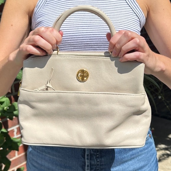 Vintage Gianni Bernini Leather Off White Purse Beige Top Handle Crossbody Bag - Picture 1 of 4